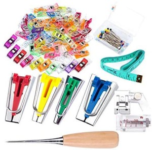 LUNARM Bias Tape Tool Kit with Instruction, 4 Sizes Bias Tape Maker with 60 Pcs Sewing Clips, 50 Pcs Ball Point Pins, Awl, Sewing Machine Presser Foot for