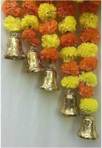 Ecozias Hanging Bells Garlands Artificial Flower Toran, Garlands for Office, Home, Diwali, Navratri Decoration Pack of 5 Red Color 5ft Each Layer With Big Bell 3x2.5Inch Genda Fool For Home Diwali Decoration Marigold Flower fabric Garland