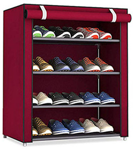 GO HOOKED 4 Layer Multipurpose Portable Folding Shoes Rack Shoes Shelf Shoes Cabinet with Wardrobe Cover Easy Installation Stand for Shoes Pack of 1 Maroon Metal Non Woven Fabric Metal Shoe Stand Pric...