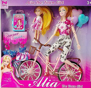 J.S enterprises Doll Set with Cycle and Accessories Town Girl