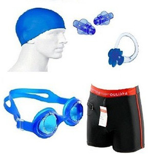 kyachaiyea (Silicon Cap, Silicon Ear Plug, Swimming Nose Clip, Swimming Goggles With Authentic Men Adult Swim Trunks Boxer Nylon Swimming Kit