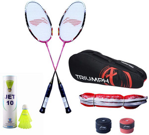 Li-Ning 2 B/R XP-70 + 2 GP-20 Overgrip + 6 Pcs Jet10 Nylon Shuttle + SN-103B Badminton Net + Triumph 302 Badminton Kit
