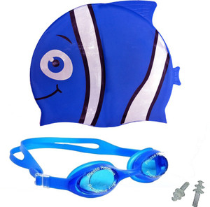 GB BLUE Happy Fish Swim Cap & Anti Fog Google Swimming Kit