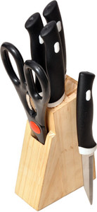 Jen Wooden Stand, Black Plastic, Steel Knife Set