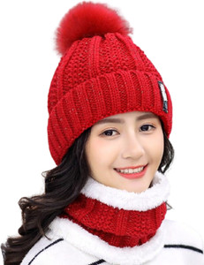 REFFER women Winter Woolen Beanie Cap with Scarf Set Stretch Warm Inside Fur Lining Winter caps for girls Winter Cap for Women Stylish Latest Beanie Cap Buy REFFER women Winter Woolen Beanie