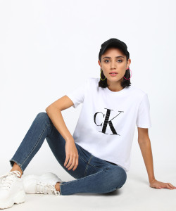 Ladies white calvin klein t discount shirt