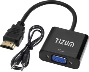 TIZUM HDMI to VGA with Audio, Gold-Plated HDMI to VGA Adapter (Male to Female) 0.1 m VGA Cable(Compatible with Computer, Laptop, Projectors, TV, Black, Pack of: 2)