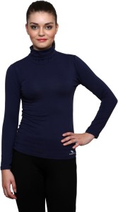 LE BOURGEOIS Solid Women Polo Neck Dark Blue T-Shirt