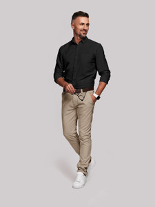 Black shirt beige pants hot sale
