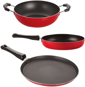 NIRLON Non-Stick Aluminium Mini Cookware Set (Tawa, Fry Pan, Kadhai), Red Non-Stick Coated Cookware Set