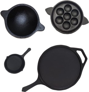 70's kitchen Pre-Seasoned cast Iron cookware Combo Set - Appam Pan  (7.4inch), 7pit Paniyaram Pan & Handle Tawa (10inch), Black