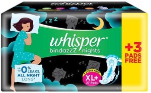 Whisper Bindazzz nights XL+ 27 +3 free sanitary Pad Sanitary Pad, Buy  Women Hygiene products online in India