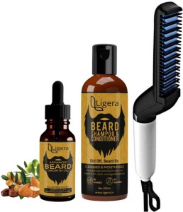 Beard Straightener Grooming Kit for Men, Beard Brush, Double Side Comb,  Unscented Growth Oil, All Natural Chanel Balm, Shampoo, Conditioner, Razor  