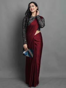 Swtantra Solid/Plain Sarees : Buy Swtantra Ruby Red Chiffon Saree with  Embroidered Blouse with Unstitched Online | Nykaa Fashion