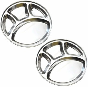 Super HK Stainless Steel Round Plate - 4 Partition Divided, Lunch, Dinner, Bhojan, Thali Plates Sectioned Plate
