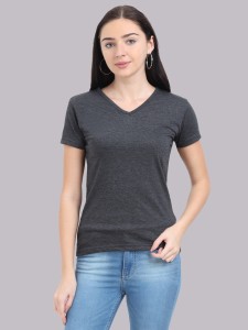 Fleximaa Solid Women V Neck Grey T-Shirt