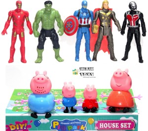 WOW Toys-Delivering Joys of Life Combo of 4 Animal Pig Family and 5 Super Hero's|| Small Size Action Figures|| Multicolour