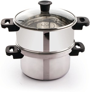 Escrow Stainless Steel Induction Bottom Steamer Pot, Modak/Momo Maker with Glass Lid (4 litres, 28cm) Stainless Steel Steamer