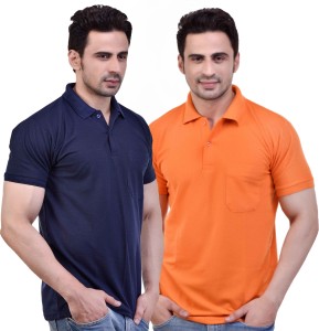 SMAN Solid Men Polo Neck Dark Blue, Orange T-Shirt