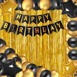 37pcs Birthday Decorations For Women, Gold And Black Party Decorations,  Happy Birthday Decorations, Balloon , Banner, Fringe Curtain, Latex  Balloons