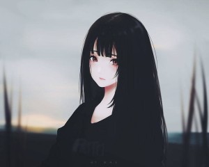 anime girl with black hair and black eyes