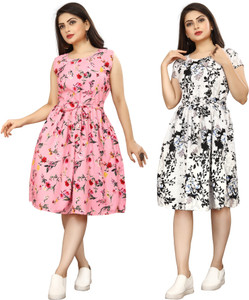 NEW ETHNIC FASHION Women Fit and Flare Pink Dark Blue Dress Buy