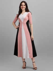 PURVAJA Women Empire Waist Black, White, Pink Dress