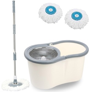V-MOP Premium White Steel Dry Magic Spin Bucket Mop Set With 2 Refills (( 6 Months Warranty on Rod )) Cleaning Wipe, Cleaning Cloth, Mop Refill, Broom, Toilet Brush, Duster, Cleaning Brush, Glove, Kitchen Wiper, Floor Wiper, Scrub Pad Wet & Dry Mop