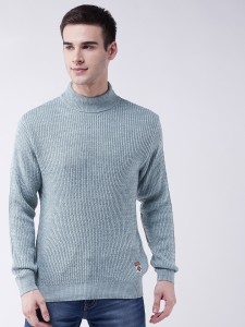 Sweven Printed High Neck Casual Men Light Blue Sweater