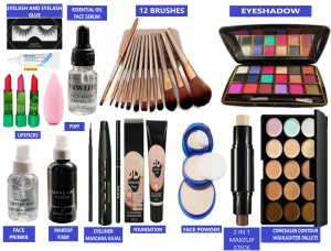 INWISH complete makeup kit box set of 29 products for daily care bridal and professional makeup with Foundation FacePowder Eyeliner Mascara Kajal 3Lipstick 15 Color Highlighter Concealer Contour 3 in 1 Makeup Pallete Primer Fixer FaceSerum 12Brush Eyeshadow Makeupstick Eyelash Eyeglue Puff