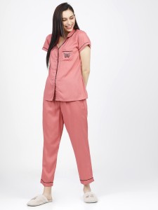 Tokyo Talkies Women Embroidered Pink Shirt & Pyjama set