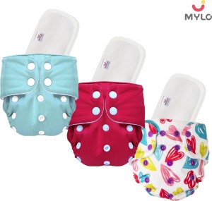 MYLO Free Size Washable & Reusable Cloth Diaper With 3 Dry Feel Absorbent Soaker Pad (3M-3Y) - 2 Solid + 1 Heart Print
