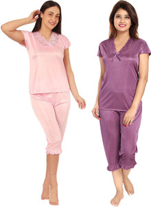 Noty Night Suit Satin with Capri Solid PINK PURPLE L Women Pink Purple Capri Buy Noty Night Suit Satin with Capri Solid PINK PURPLE L Women Pink Purple Capri Online at Best Prices in India