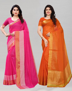Buy Siril Striped Banarasi Cotton Silk Pink Orange Sarees Online