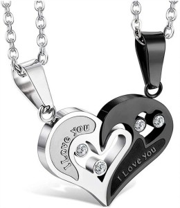 Heer Collection Jewellery Valentine Special Gifts His and Hers Lover Couple Love Heart 2 Piece Joining Couple Pendants Necklace Chain Pair Love Heart Cubic Zirconia CZ I Love You Puzzle Matching Couple Pendant Necklace for Men Women Girls Boys Friendship Relationship Promise Love Fashion Jewelry, Crystal Copper Pendant Set