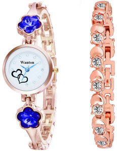WANTON rose gold color bracelet watch with sky blue studded diamond love watch with rose gold silver diamond bracelet combo set for women and girls Analog Watch For Girls Buy