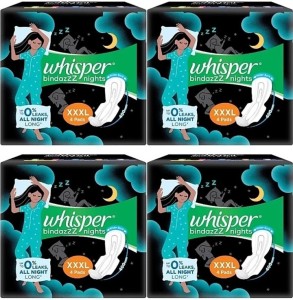 Whisper Bindazzz Night Sanitary Pad For Women, XXX-Large Pack of 4