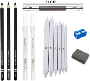 Craftacious 3Pc Camlin Charcoal Pencil, 2Pc White Pen, 6Pc  Blending Stump & Kneadable Eraser - Drawing Accessories - Art Set