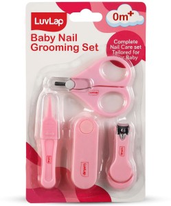 LuvLap Baby Grooming Scissors & Nail Clipper Set/Kit, Manicure Set, 4pcs, Pink, 0m+