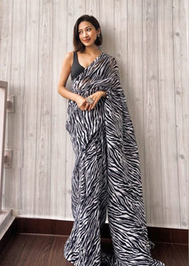 Buy SATINTHRID Animal Print Bollywood Georgette White Sarees