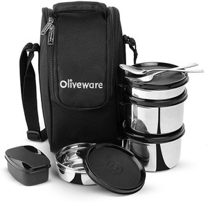 Oliveware Executive Lunch Box | Stainless Steel | Insulated Fabric Bag |  Leak Proof 4 Containers Lunch Box - Flipkart.com
