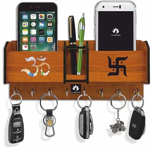 NewCrafts 2 Pocket Mobile Stand Holder for Wall | Key Holder for Wall Furniture for Home Wood Key Holder