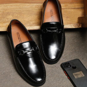 MUTAQINOTI Shiny Black Leather Patina Work Loafer Casual Shoes For
