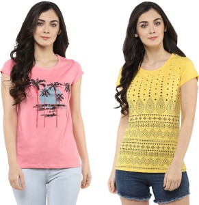 Modeve Printed Women Round Neck Pink, Yellow T-Shirt