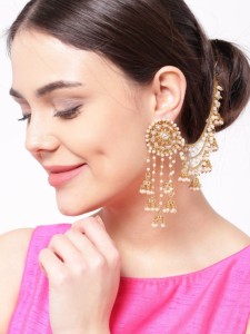 Priyaasi Off-White 18K Gold-Plated Beaded Handcrafted Jhumkas with Ear Chain Cubic Zirconia, Pearl Alloy Jhumki Earring