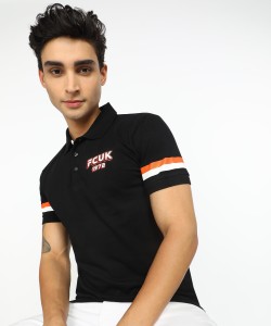 French Connection Striped Men Polo Neck Black T-Shirt