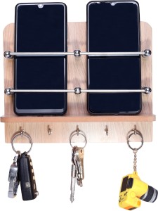 LICHEE Wooden Double Mobile HolderStand With 5 Key Hooks for Keys,Phone Charging,Remote Mobile Holder