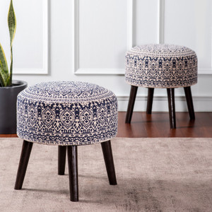 nestroots Sitting Stool for Living Room Furniture Set of 2 Ottoman pouffes for Sitting | Wooden Small Printed Puffy Foot Stool Home Furniture (17 inch Blue) Living & Bedroom Stool