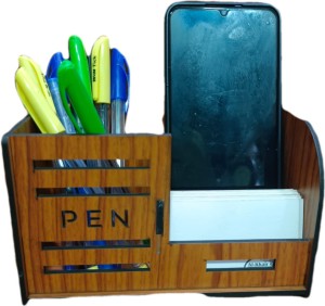 Niya Krafts 3 Compartments Wooden Pen Stand With