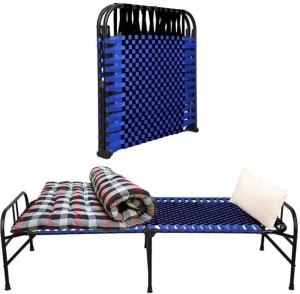 CREMPIRE Magic Bed, Folding Bed, (Combo of Black/Blue Bed with Cushion & Bedsheet) Metal Single Bed